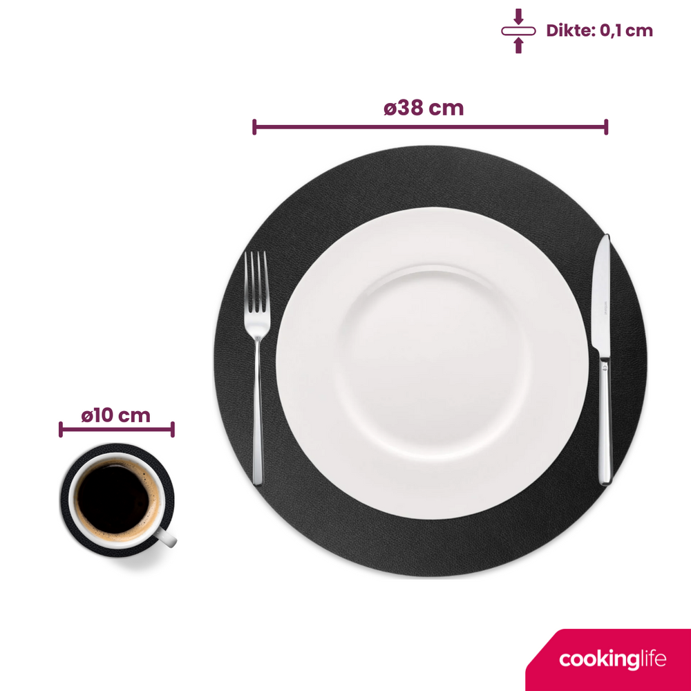 Cookinglife 6 Placemats + 6 Coasters - Round - Vegan leather - Black - 12 pieces