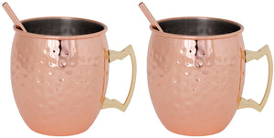 Cozy & Trendy Moscow Mule Cocktail Mugs with Straws - 450 ml - Hammered Copper - 2 Pieces