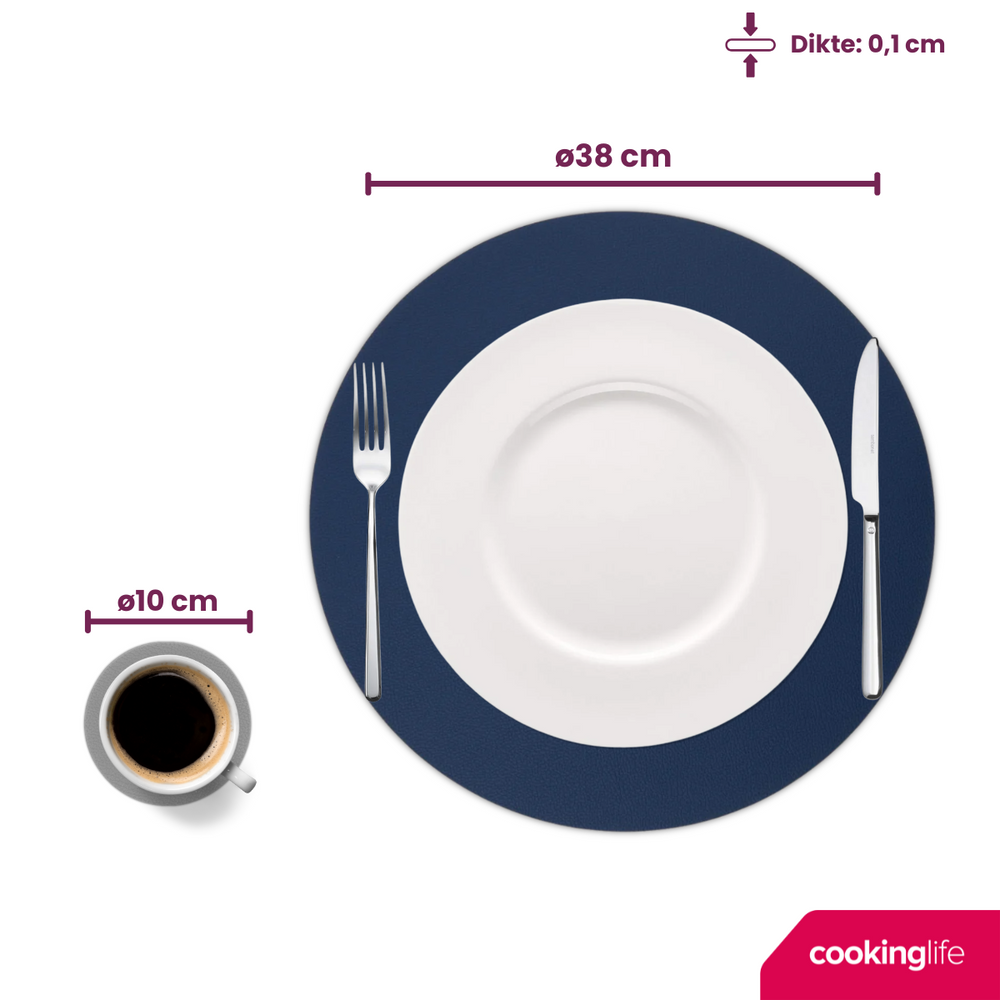 Cookinglife 6 Manteles Individuales + 6 Posavasos - Reversibles - Redondos - Cuero Vegano - Azul / Gris