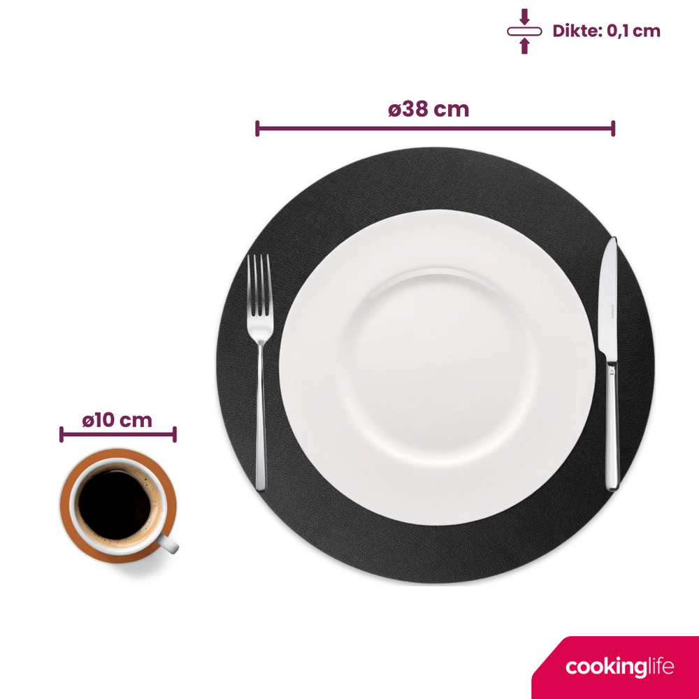 Cookinglife 6 Placemats + 6 Coasters - Double-sided - Round - Vegan leather - Black / Cognac - 12 pieces