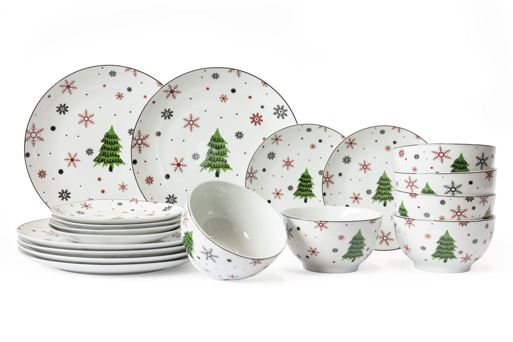 Cookinglife Christmas Dinnerware Set Red - Porcelain - 18-piece / 6 persons - 6 dinner plates, 6 breakfast plates & 6 bowls