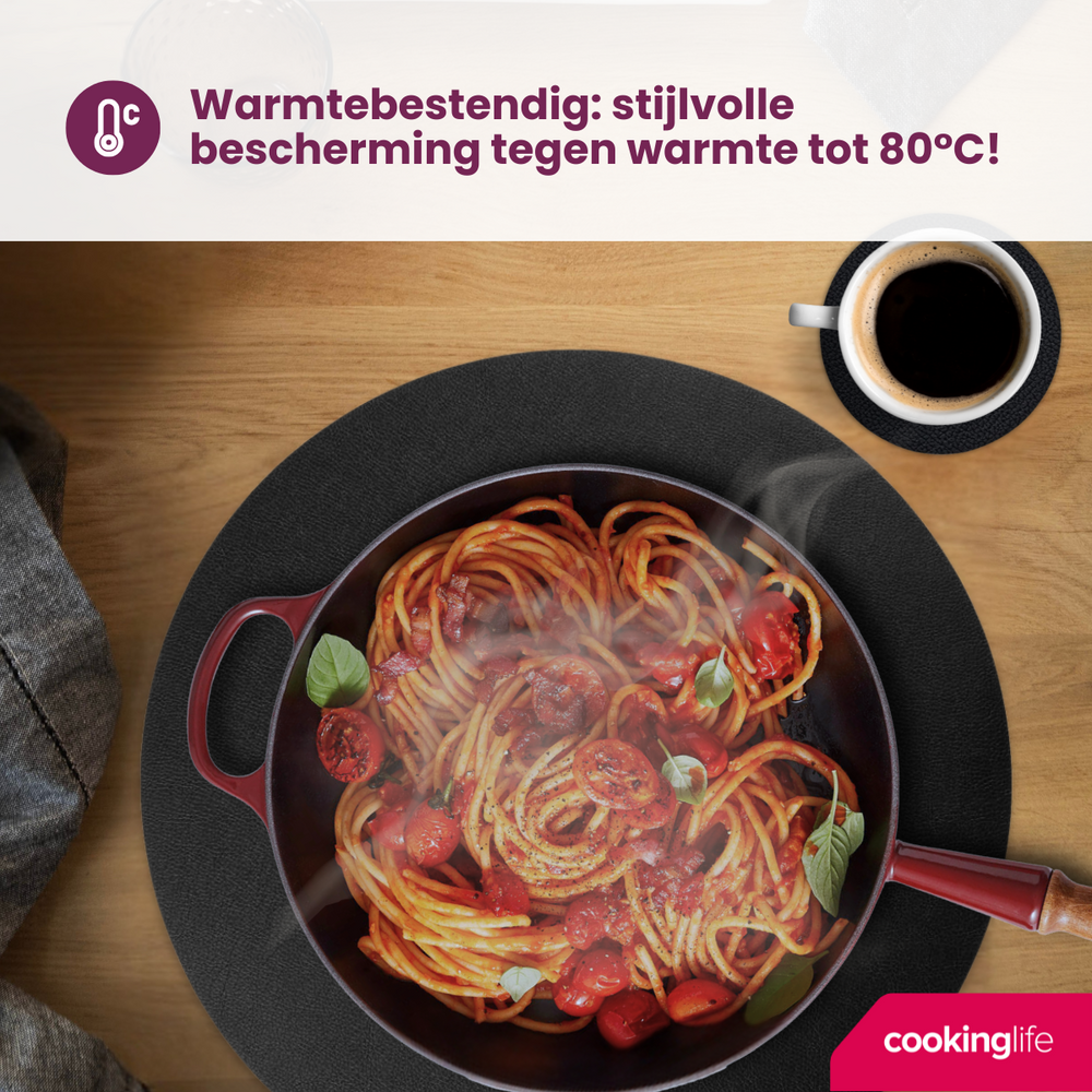 Cookinglife 6 Placemats + 6 Coasters - Round - Vegan leather - Black - 12 pieces