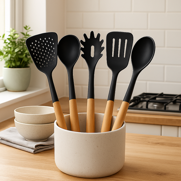 Cookinglife Cookware set - Cookware set - black wood 5 pieces - Slotted spoon, soup ladle, spaghetti spoon, spatula & serving spoon