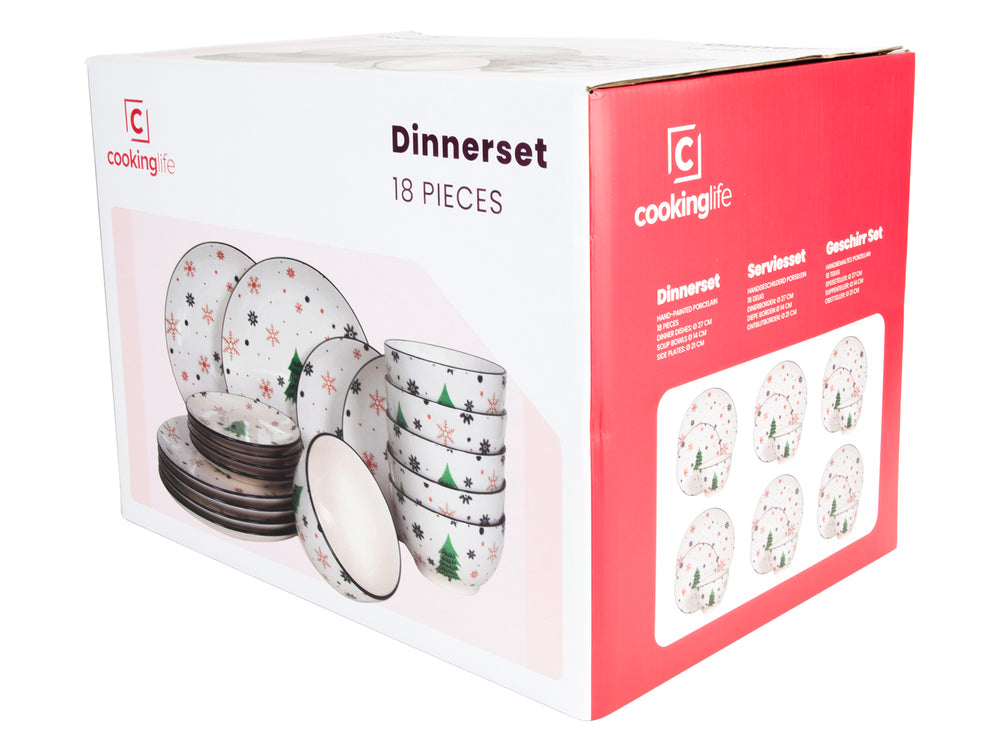 Cookinglife Christmas Dinnerware Set Red - Porcelain - 18-piece / 6 persons - 6 dinner plates, 6 breakfast plates & 6 bowls