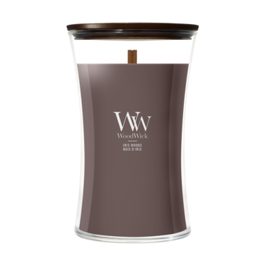 WoodWick Scented Candle Large Iris Woods - 18 cm / ø 10 cm - Scented Candle in Glass - Wooden Wick