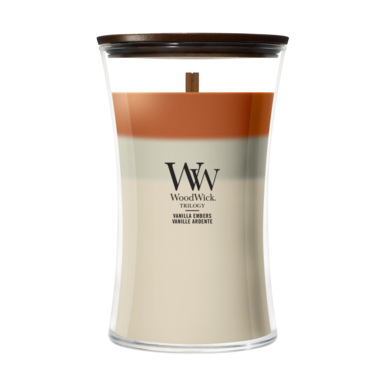 WoodWick Scented Candle Large Trilogy Vanilla Embers - 18 cm / ø 10 cm - Scented Candle in Glass - Wooden Wick