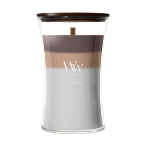 WoodWick Scented Candle Large Trilogy Radiant Cashmere - 18 cm / ø 10 cm - Scented Candle in Glass - Wooden Wick