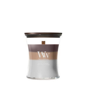 WoodWick Scented Candle Medium Trilogy Radiant Cashmere - 11 cm / ø 10 cm - Scented Candle in Glass - Wooden Wick