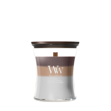 WoodWick Vela Aromática Mediana Trilogy Radiant Cashmere - 11 cm / ø 10 cm - Vela Aromática en Vidrio - Mecha de Madera