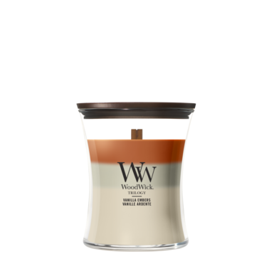 WoodWick Vela Aromática Medium Trilogy Vanilla Embers - 11 cm / ø 10 cm - Vela Aromática en Vidrio - Mecha de Madera