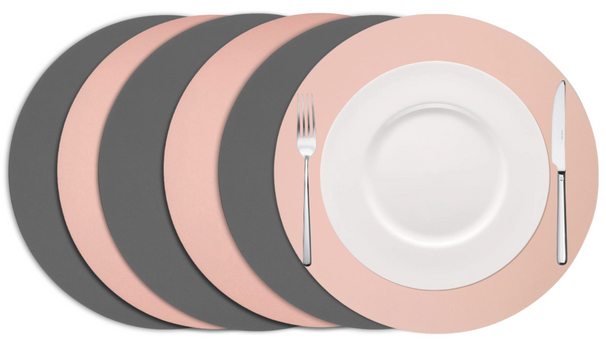 Cookinglife Manteles Individuales - Reversibles - Cuero Vegano - Gris / Rosa ø 38 cm - 6 Piezas