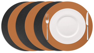 Cookinglife Manteles Individuales - Reversibles - Cuero Vegano - Cognac / Negro ø 38 cm - 6 Piezas