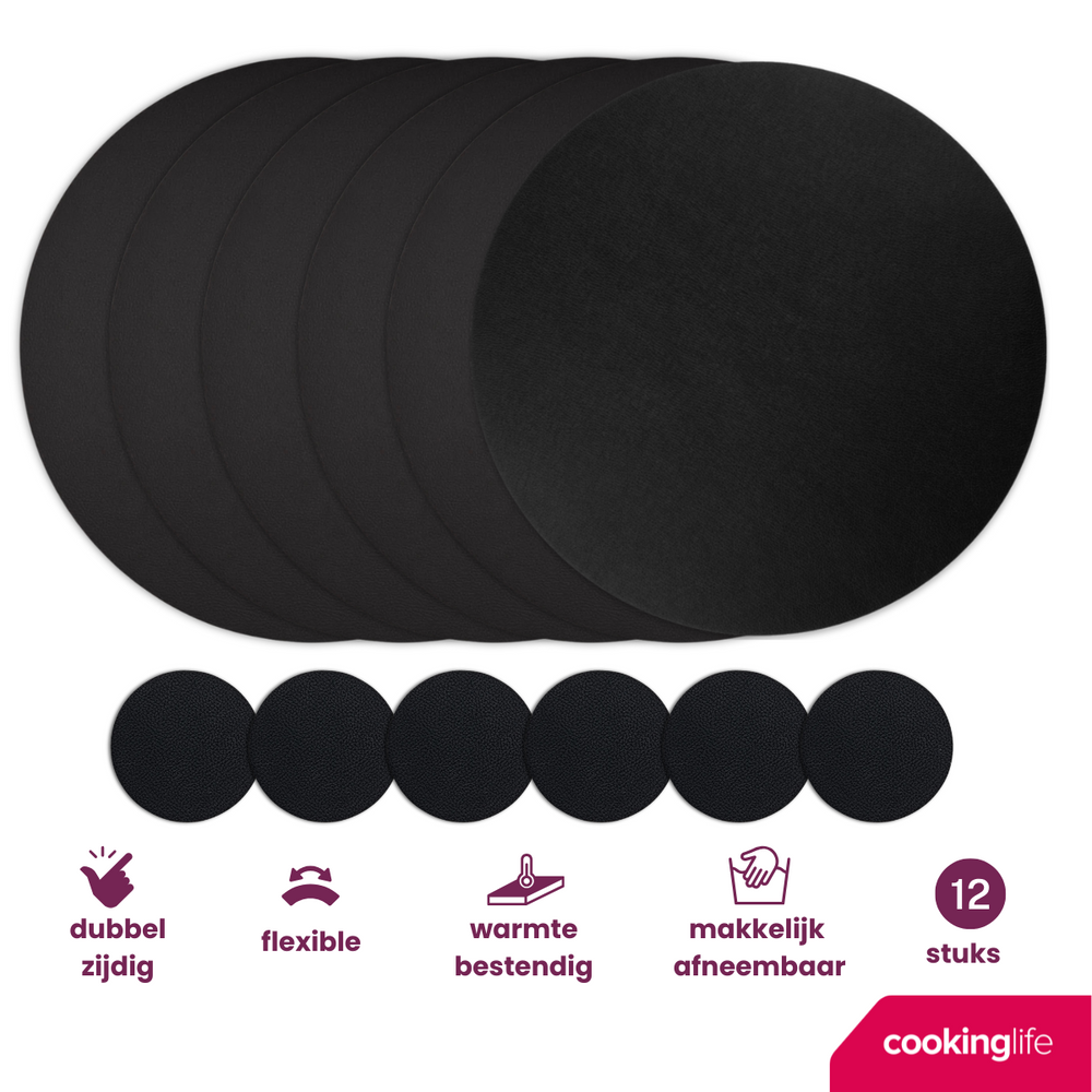 Cookinglife 6 Placemats + 6 Coasters - Round - Vegan leather - Black - 12 pieces