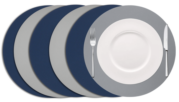 Cookinglife Manteles Individuales - Reversibles - Cuero Vegano - Gris / Azul ø 38 cm - 6 Piezas