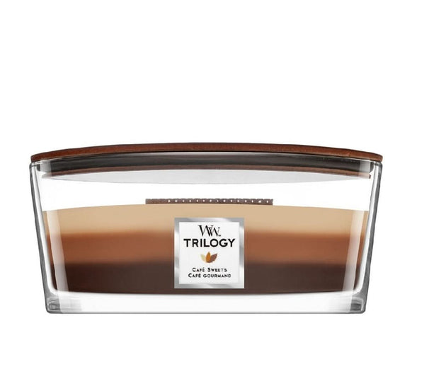 WoodWick Vela aromática Elipse Trilogía Café Dulces - 9 cm / 19 cm - Vela en vaso - Mecha de madera