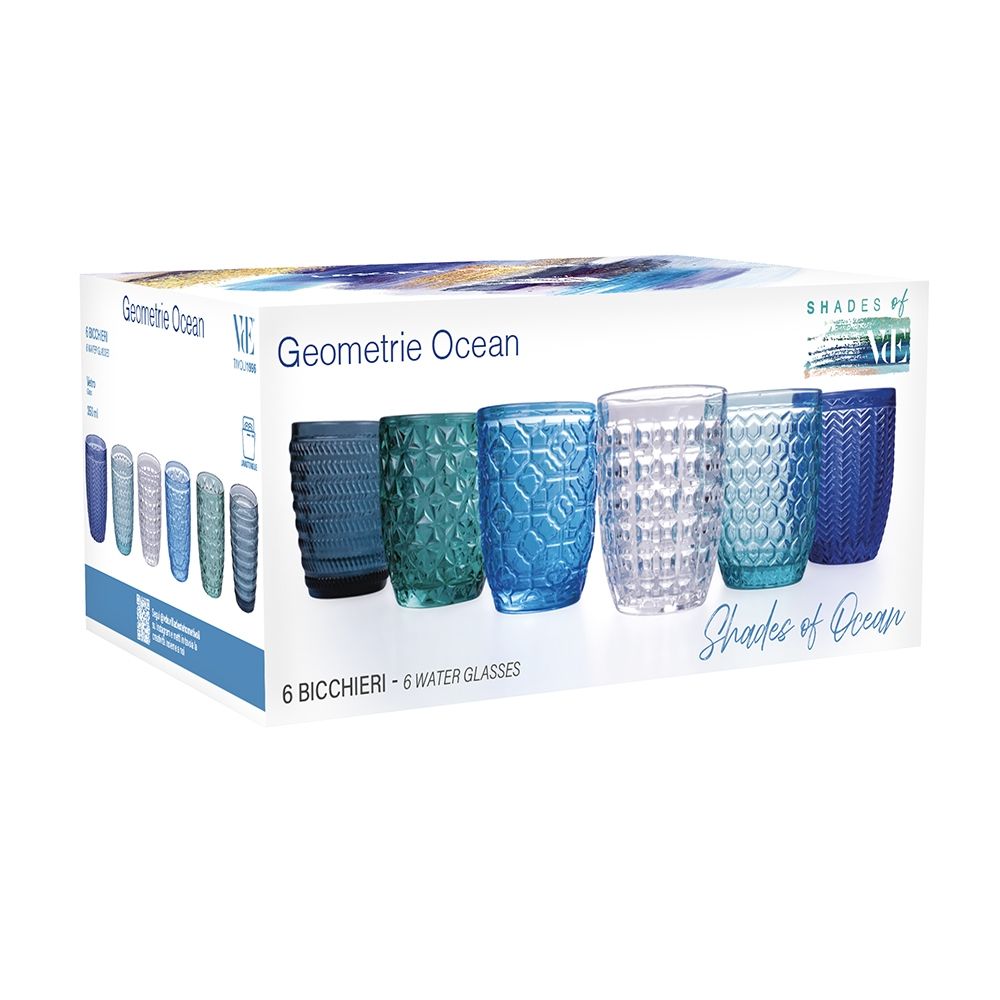 Villa d'Este Home Water Glasses Geometrie Ocean - Blue - 350 ml - Set of 6
