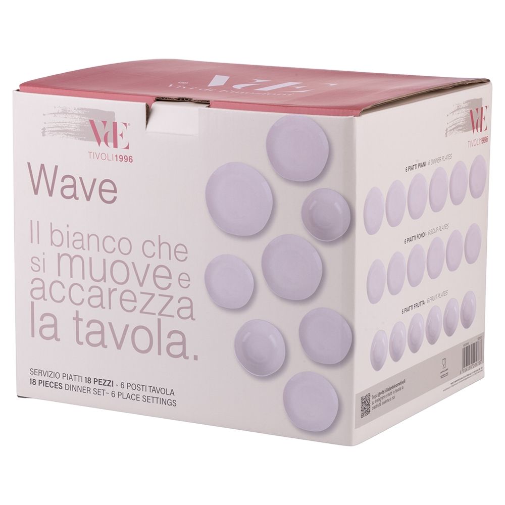 Villa d'Este Home Dinnerware Set Wave White Porcelain 18-piece / 6 persons - 6 dinner plates, 6 breakfast plates and 6 deep plates