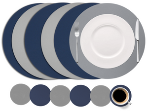Cookinglife 6 Manteles Individuales + 6 Posavasos - Reversibles - Redondos - Cuero Vegano - Azul / Gris