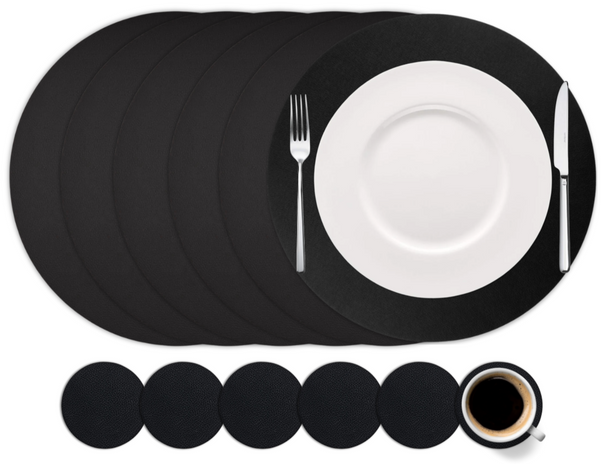 Cookinglife 6 Manteles Individuales + 6 Posavasos - Redondos - Cuero Vegano - Negro