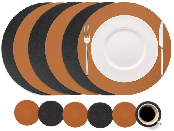 Cookinglife 6 Manteles Individuales + 6 Posavasos - Reversibles - Redondos - Cuero Vegano - Negro / Cognac