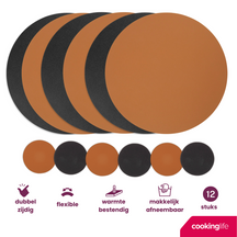Cookinglife 6 Placemats + 6 Coasters - Double-sided - Round - Vegan leather - Black / Cognac - 12 pieces