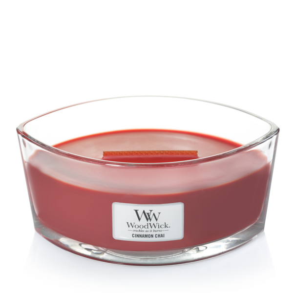 WoodWick Vela aromática Elipse Cinnamon Chai - 9 cm / 19 cm - Vela en vaso - Mecha de madera