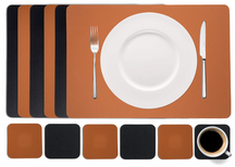 Cookinglife 6 Placemats + 6 Coasters - Double-sided - Vegan leather - Black / Cognac - 12 pieces