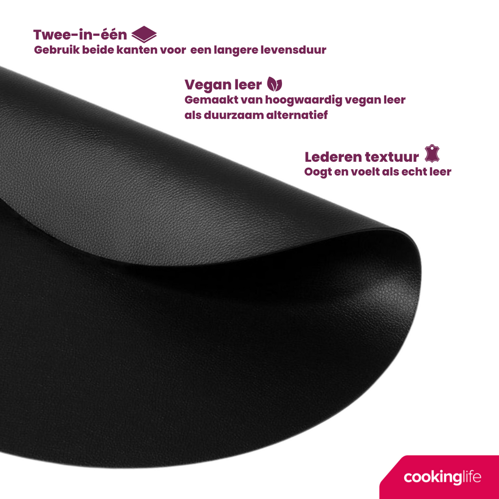 Cookinglife Placemats - Vegan leather - Black - ø 38 cm - 6 pieces