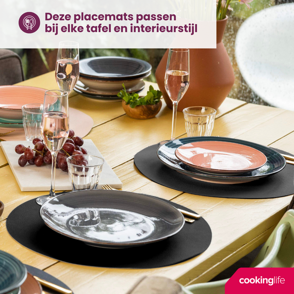 Cookinglife Manteles Individuales - Cuero Vegano - Negro - ø 38 cm - 6 piezas