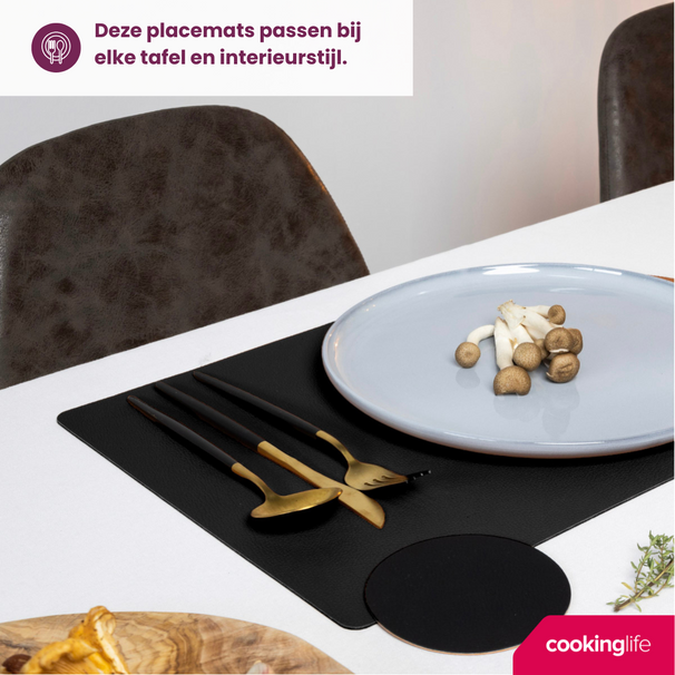 Cookinglife Manteles Individuales - Cuero Vegano - Negro - 46 x 33 cm - 6 piezas