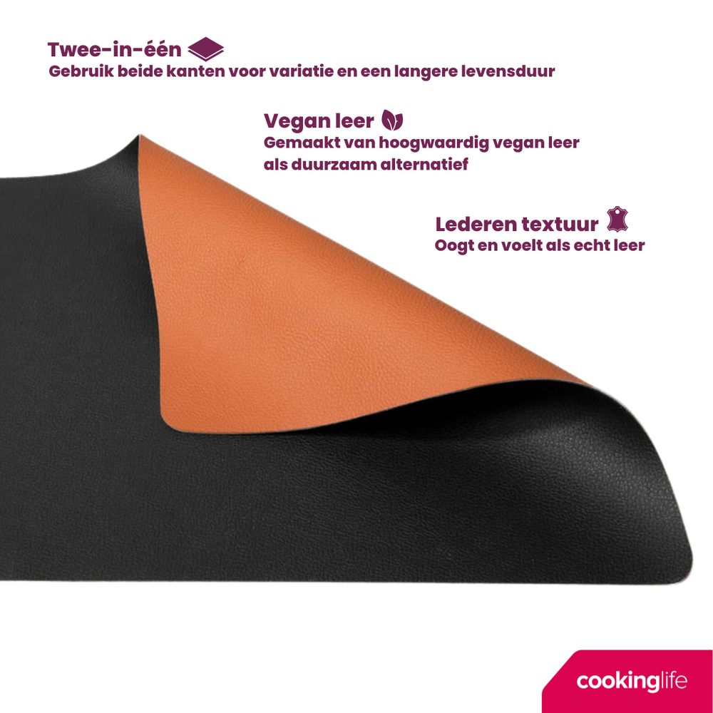 Cookinglife Placemats - Double-sided - Vegan leather - Cognac / Black 46 x 33 cm - 6 pieces