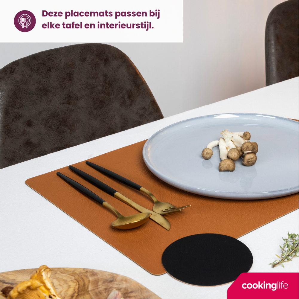 Cookinglife Placemats - Double-sided - Vegan leather - Cognac / Black 46 x 33 cm - 6 pieces
