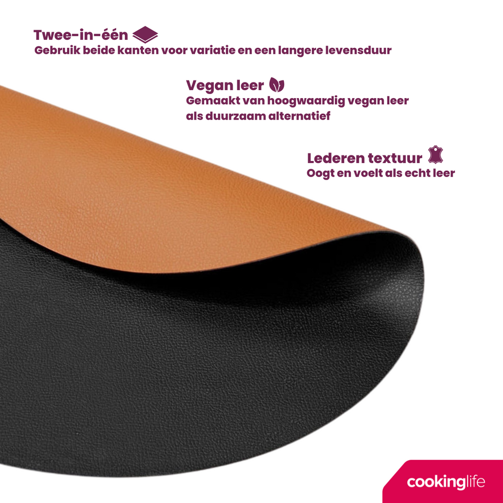 Cookinglife Placemats - Double-sided - Vegan leather - Cognac / Black ø 38 cm - 6 pieces