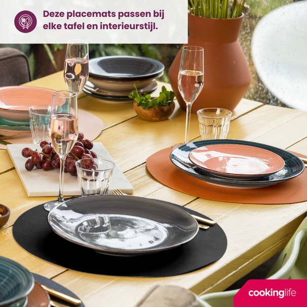 Cookinglife Manteles Individuales - Reversibles - Cuero Vegano - Cognac / Negro ø 38 cm - 6 Piezas