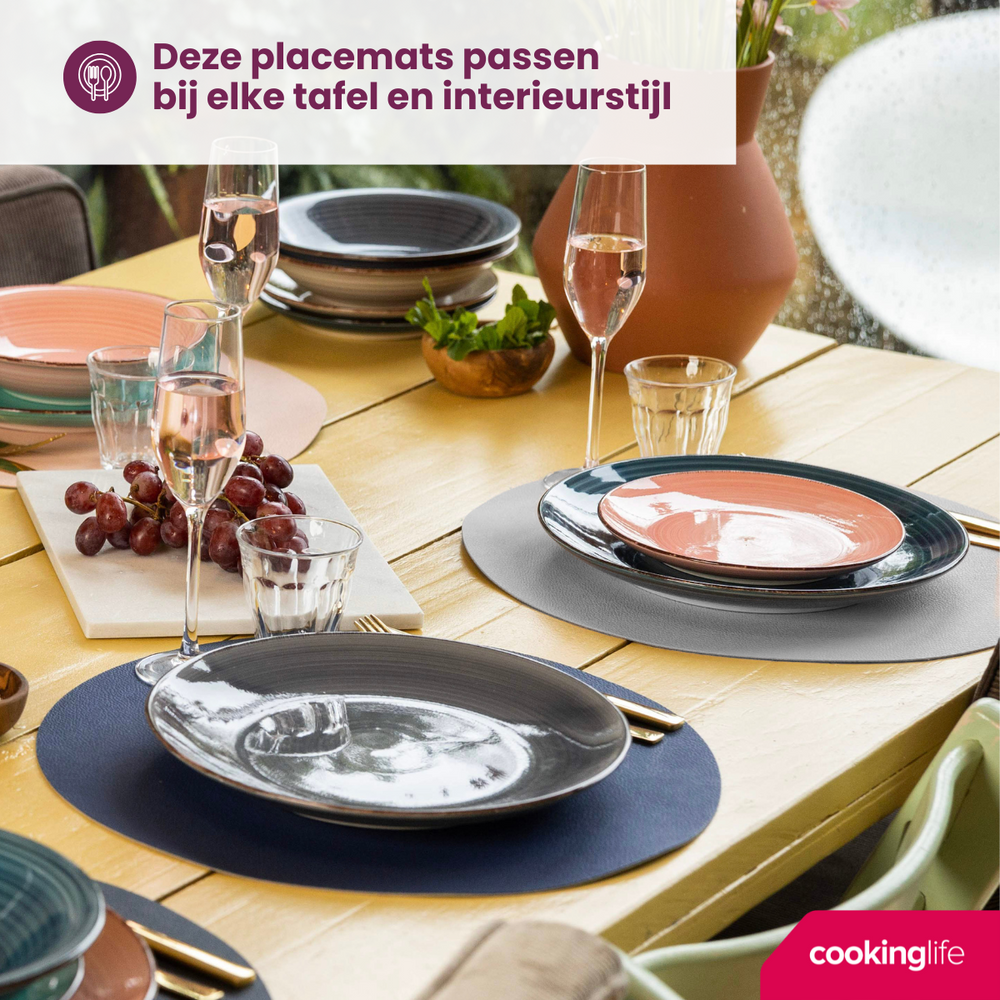 Cookinglife Placemats - Double-sided - Vegan leather - Grey / Blue ø 38 cm - 6 pieces