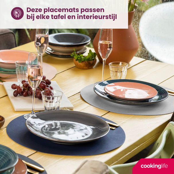 Cookinglife Manteles Individuales - Reversibles - Cuero Vegano - Gris / Azul ø 38 cm - 6 Piezas