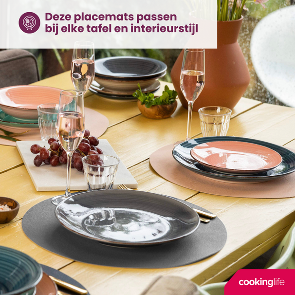 Cookinglife Manteles Individuales - Reversibles - Cuero Vegano - Gris / Rosa ø 38 cm - 6 Piezas