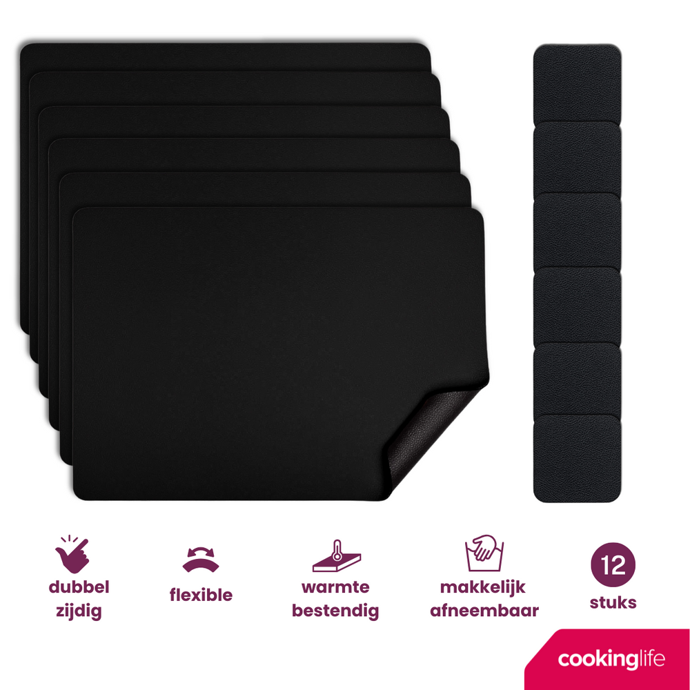 Cookinglife 6 Placemats + 6 Coasters - Vegan leather - Black - 12 pieces