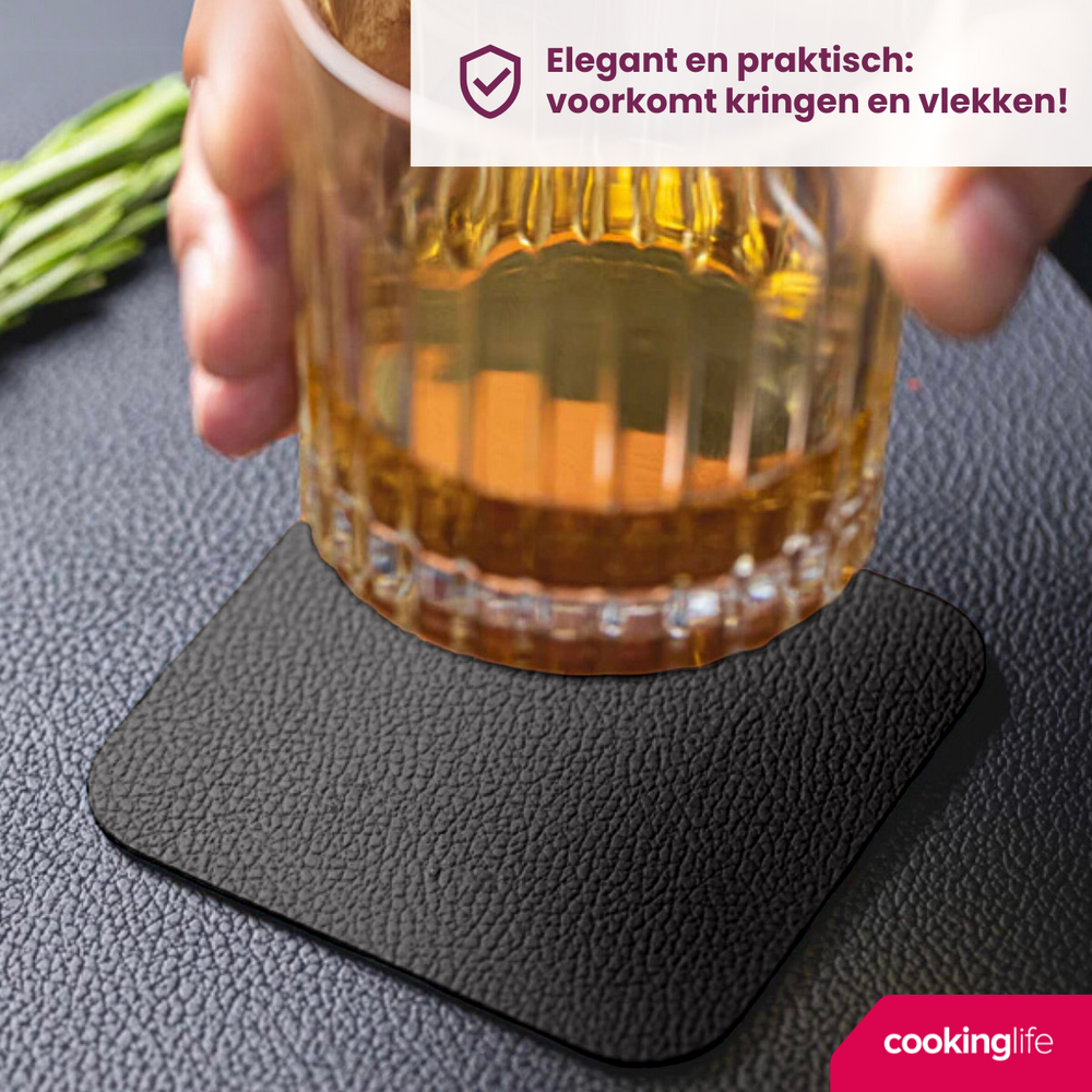 Cookinglife 6 Placemats + 6 Coasters - Vegan leather - Black - 12 pieces