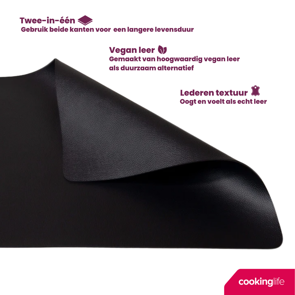 Cookinglife 6 Placemats + 6 Coasters - Vegan leather - Black - 12 pieces