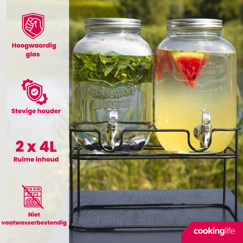 Cookinglife Double Drink Dispenser - with holder - 2 x 4 liters