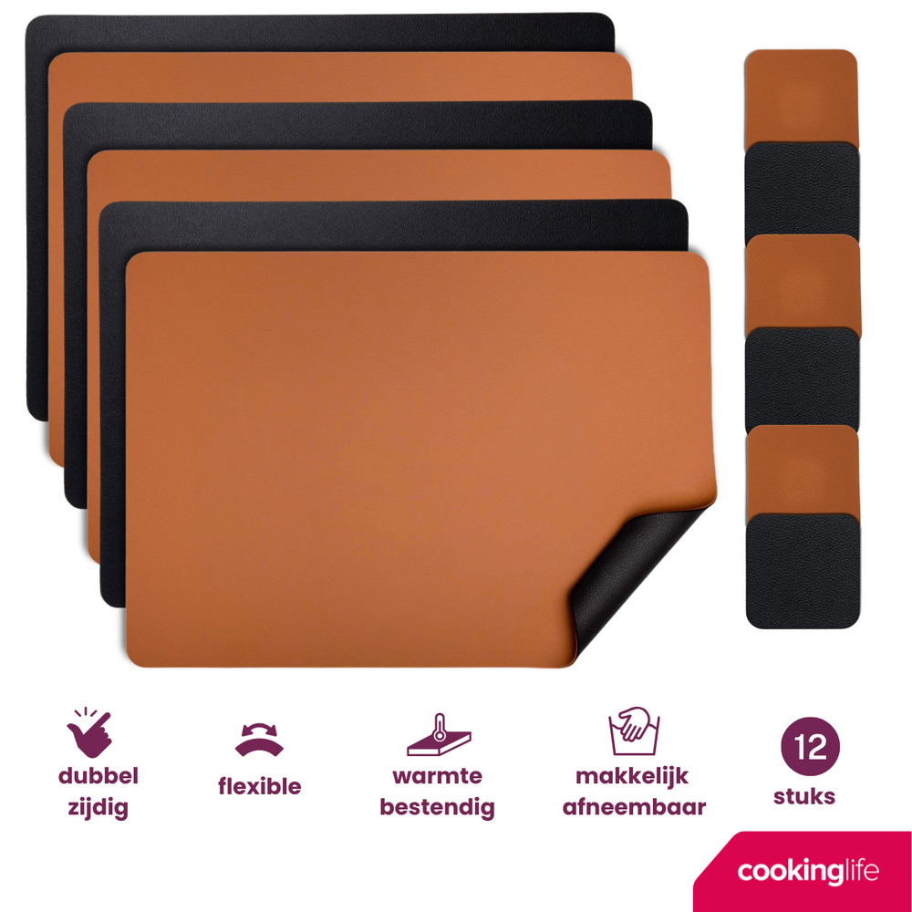 Cookinglife 6 Placemats + 6 Coasters - Double-sided - Vegan leather - Black / Cognac - 12 pieces
