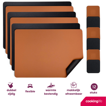 Cookinglife 6 Placemats + 6 Coasters - Double-sided - Vegan leather - Black / Cognac - 12 pieces