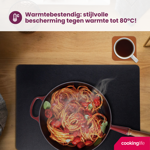 Cookinglife 6 Manteles Individuales + 6 Posavasos - Reversibles - Cuero Vegano - Negro / Cognac