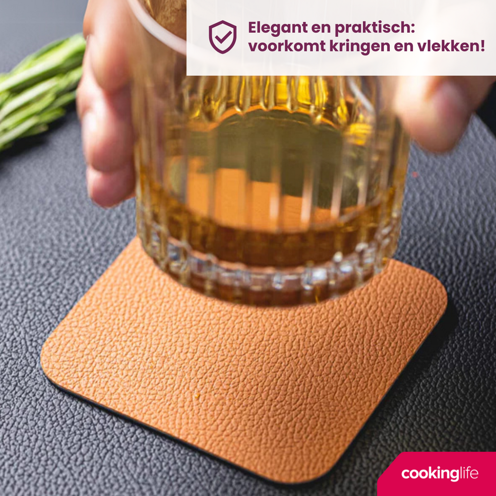Cookinglife 6 Placemats + 6 Coasters - Double-sided - Vegan leather - Black / Cognac - 12 pieces
