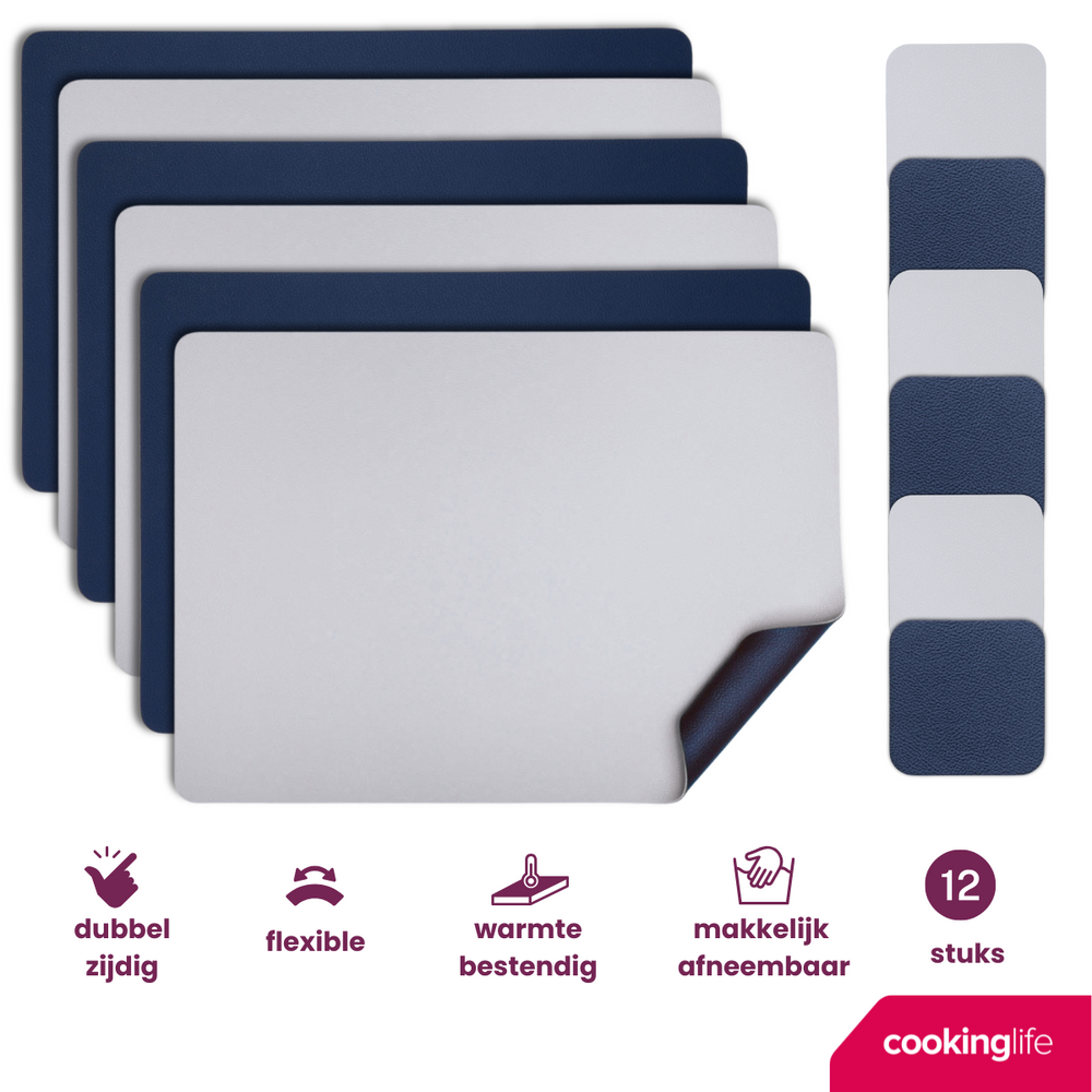 Cookinglife 6 Manteles Individuales + 6 Posavasos - Reversibles - Cuero Vegano - Azul / Gris