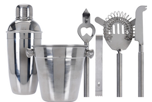 Set de bar Cookinglife de acero inoxidable 6 piezas - Coctelera, cubo de hielo, colador, abridor de botellas, pinzas y cuchillo