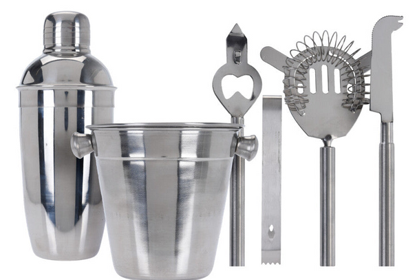 Set de bar Cookinglife de acero inoxidable 6 piezas - Coctelera, cubo de hielo, colador, abridor de botellas, pinzas y cuchillo