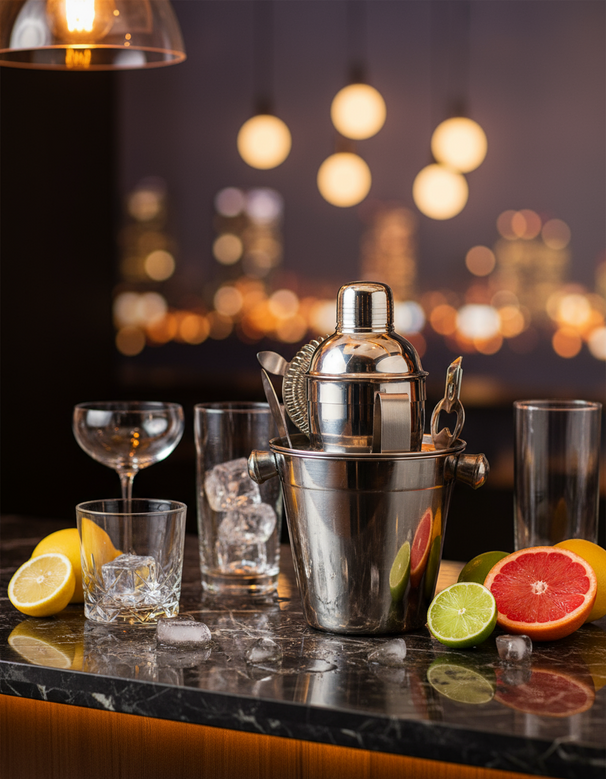 Set de bar Cookinglife de acero inoxidable 6 piezas - Coctelera, cubo de hielo, colador, abridor de botellas, pinzas y cuchillo