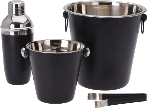 Set de bar Cookinglife negro 4 piezas - Coctelera, enfriador de champán, cubo de hielo y pinzas